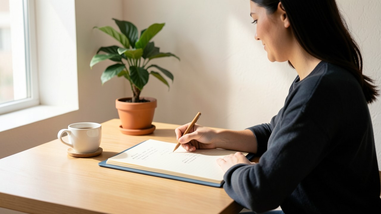 Person in a bright, airy room at a tidy desk, holding a pen over an open planner, with a soft-focus window and small plant nearby, conveying calm and organization.