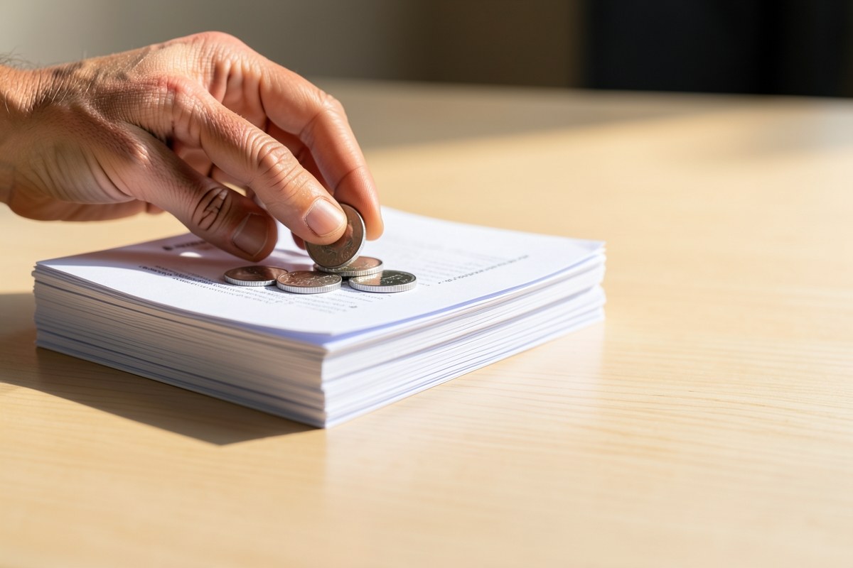 Close-up of a hand stacking a few silver coins next to a paper document on a clean table, indicating financial structure and small increments.