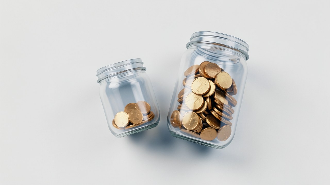 A minimalist arrangement of two clear jars labeled vaguely 'rate' with opposite trend marks: one small and stable, one large and ascending, suggesting two different cost paths.