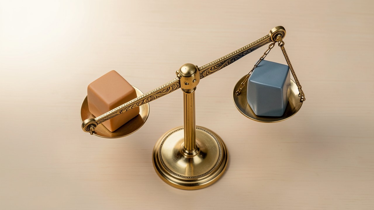 A balanced scale with three small, differently colored blocks on each side, on a beige background, symbolizing the comparison of loan offers.