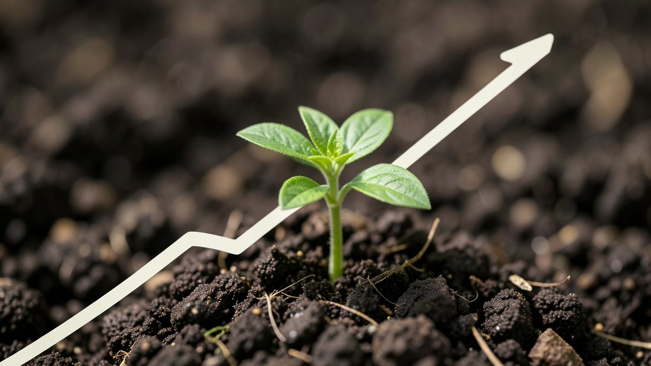 A close-up of a hand holding a small plant with an upward-trending soil line, representing credit growth and responsibility.