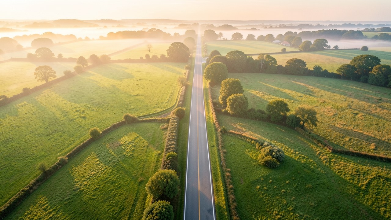 A long winding road stretching ahead through a calm landscape, with a smaller car closer in view and a larger car far away, illustrating different time paths.