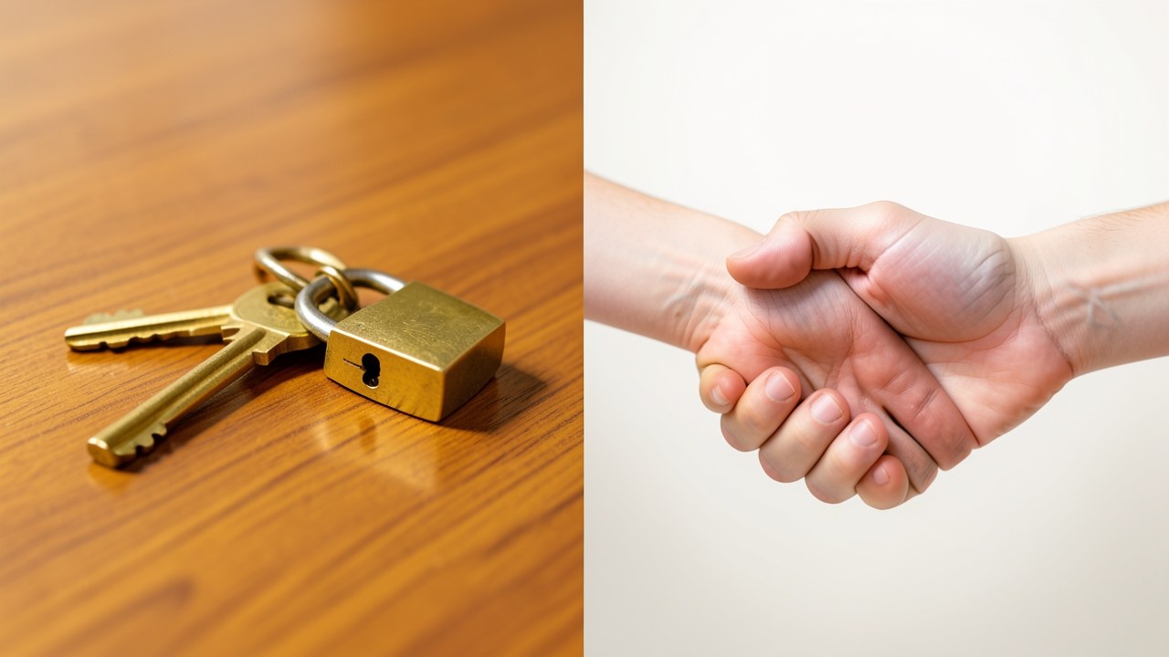 A dual-photo comparison: left half shows a house key and a lock; right half shows a blank id card and a handshake, visually separating collateral-based and promise-based options.