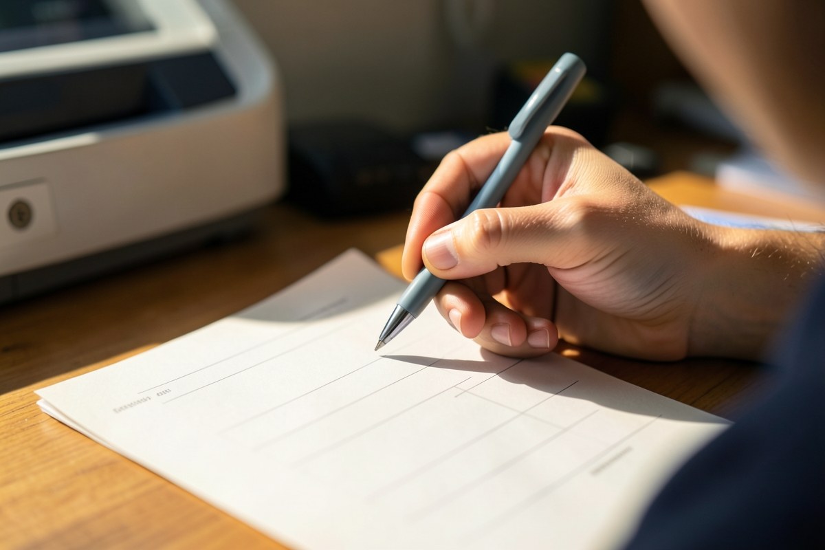 A complete yet blank application form with a pen in hand, and a start button made of a paper airplane in the background, was cropped.