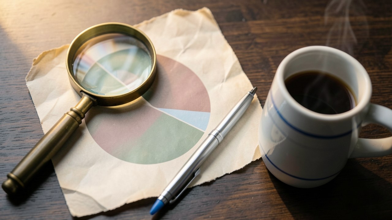 A magnifying glass over a pie chart made of paper slices, inspecting costs, with leftover coffee, highlighting fee scrutiny.