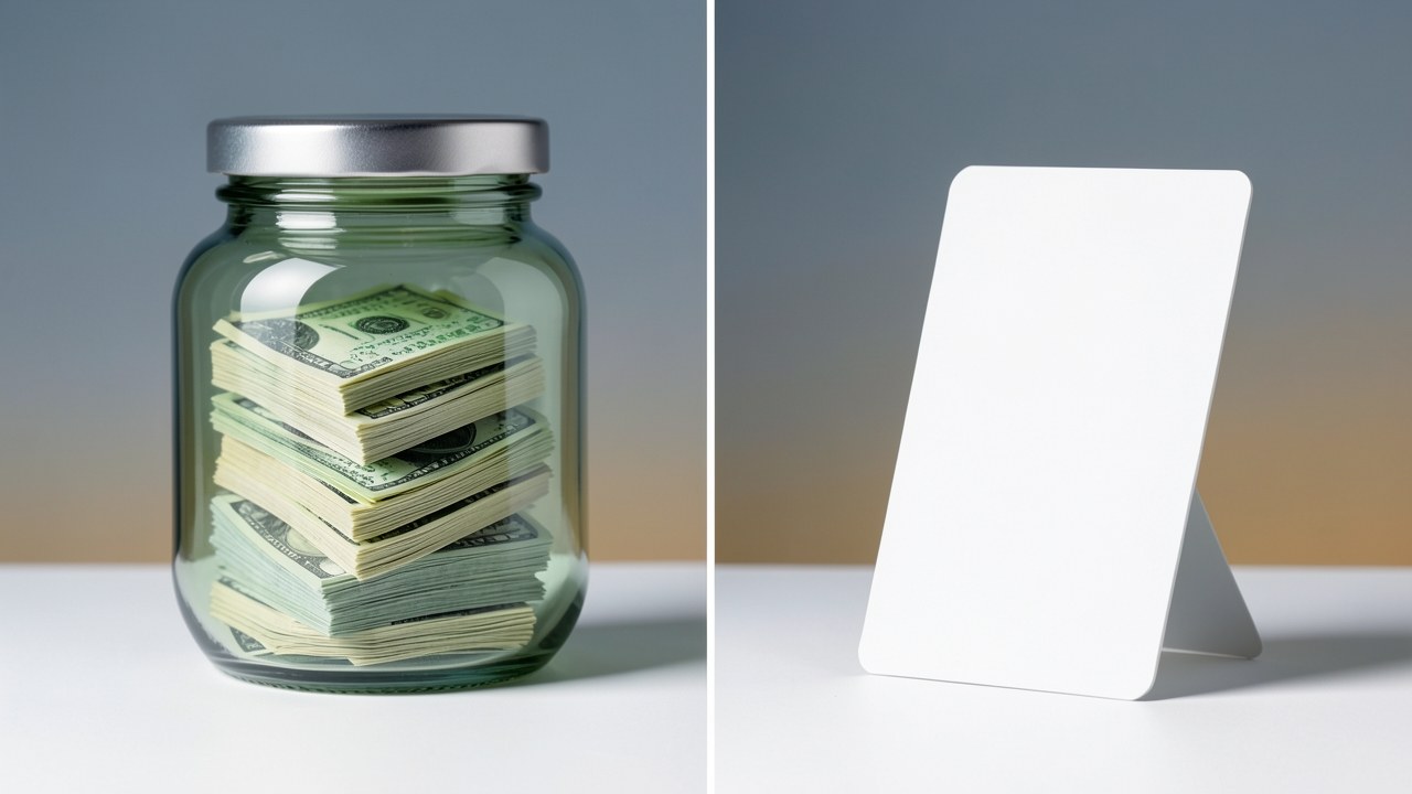 A clear jar containing a chocolate bar on the left and a smaller jar with coins on the right, contrasting a lump sum with rechargeable credit.