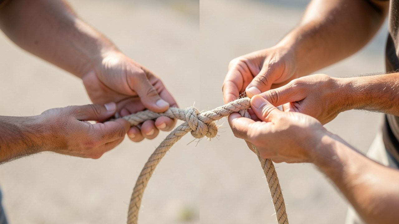 A happy person joining two ropes into one strong rope on a sunny day, symbolizing the combination of several debts into a single manageable one.