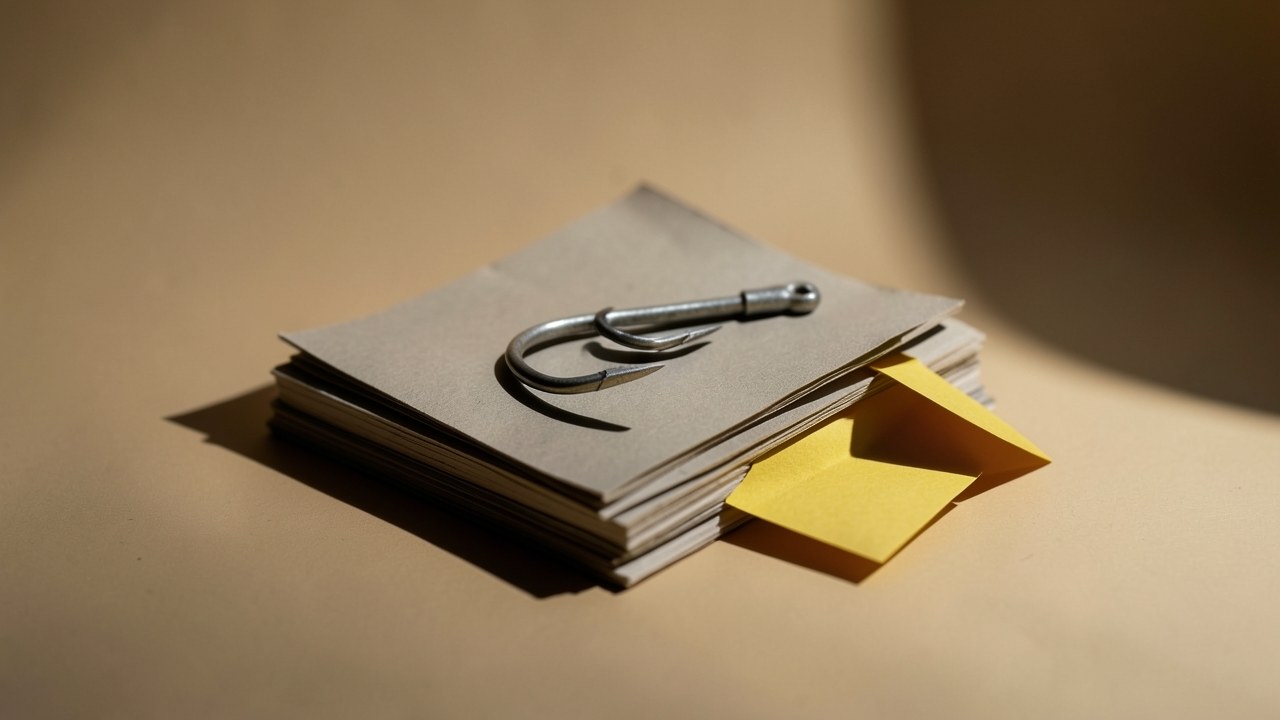 A fish hook hidden under a paper with a small 'caution' flag, indicating a scam that is not as it appears.