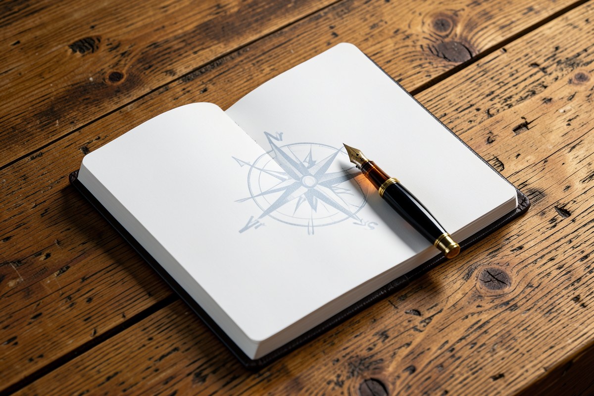 A hand-drawn illustration of a compass on a background of outlines, symbolizing direction and reliability.