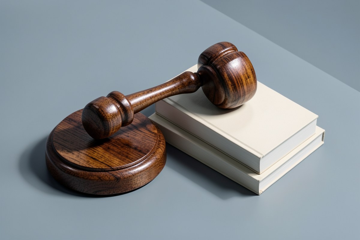 A judge's gavel and a book, on a desk, symbolizing standards and integrity.