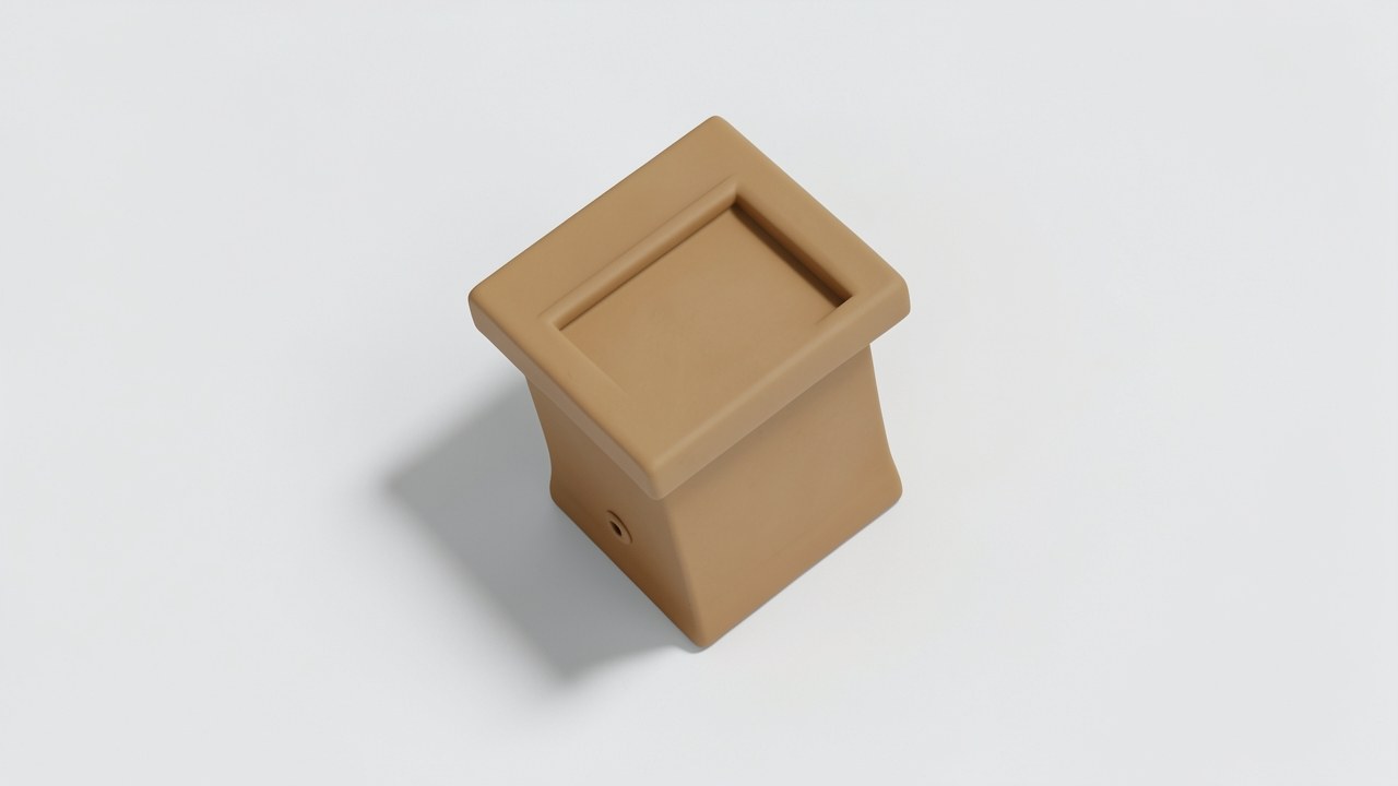 A minimal flat lay of a vintage mailbox made of clay on a beige surface, suggesting physical communication.