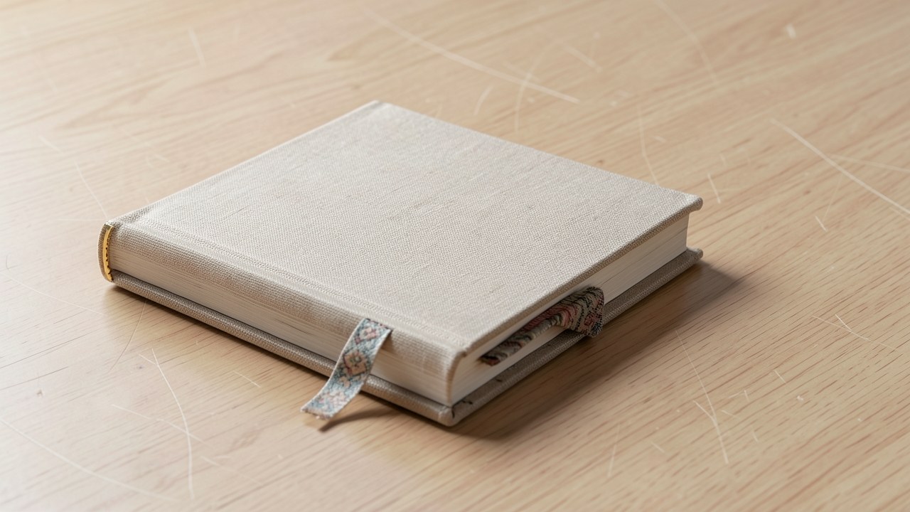 A neatly bound book with a bookmark string lying on a plain table, representing the terms and agreement.