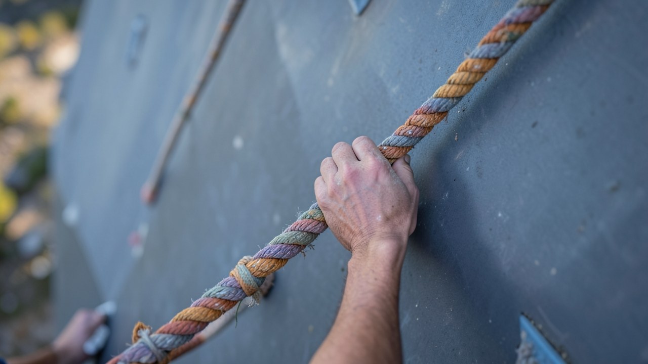 A person cautiously climbing a reflective wall with an ascender, suggesting effort and improvement, but the rope is frayed at the start.