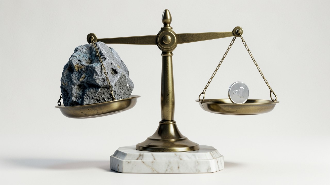 A balance scale with a huge heavy rock on one side and a small coin on the other, on a plain background.
